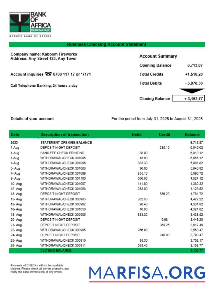 Realistic Bank of Africa corporate checking account statement Word and PDF template